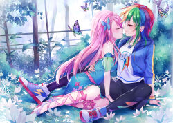  2girls absurdres alternate_skin_color aqua_dress blue_hoodie blush bug butterfly butterfly_hair_ornament closed_eyes commentary cutie_mark daefny dress english_commentary flower fluttershy_(equestria_girls) fluttershy_(mlp) garden hair_ornament hand_on_another&#039;s_waist highres hood hood_down hoodie imminent_kiss long_hair multicolored_hair multiple_girls my_little_pony my_little_pony:_equestria_girls my_little_pony:_friendship_is_magic open_clothes open_hoodie outdoors personification pink_eyes pink_hair rainbow_dash_(equestria_girls) rainbow_dash_(mlp) rainbow_hair shirt shoes sitting sneakers tree very_long_hair white_shirt yuri 