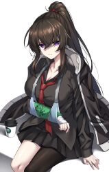  arm_sling black_jacket black_shirt black_skirt breasts broken_arm brown_hair cast cast_writing cleavage collarbone collared_shirt commentary_request counter:side cup disposable_coffee_cup disposable_cup elze_(s01047480836) female hair_between_eyes highres jacket jacket_on_shoulders korean_commentary large_breasts light_frown long_hair looking_at_viewer loose_necktie miniskirt necktie noelle_(counter:side) pleated_skirt ponytail purple_eyes red_necktie shirt single_leg_pantyhose sitting skirt solo white_background wing_collar yoo_mina 