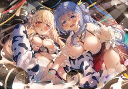  2girls animal_ears animal_print asymmetrical_skirt azur_lane barmaid barrel beer_mug bell bell_(azur_lane) bell_(saloon_mishaps)_(azur_lane) blue_hair breasts cleavage cow_ears cow_girl cow_horns cow_print cow_print_thighhighs cowbell cup embarrassed fake_horns heaven&#039;s_melody highres horns kersaint_(a_saint&#039;s_mercy_can_do_no_wrong)_(azur_lane) kersaint_(azur_lane) kneeling large_breasts looking_at_viewer mug multiple_girls no_shoes official_alternate_costume print_thighhighs saloon sitting spill spilled_milk tankard thighhighs toes waiter 