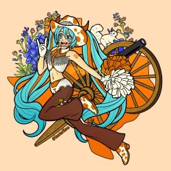  \m/ aqua_eyes aqua_hair blue_flower brown_pants cowboy_hat female flower gloves hair_through_headwear hat hatsune_miku highres holding holding_pom_poms horns leaf leg_up long_hair looking_at_viewer midriff multicolored_hair navel open_mouth orange_flower orange_hair pants pom_pom_(cheerleading) print_headwear shirt sleeveless sleeveless_shirt smile solo squirrel streaked_hair tavaritaa twintails twitter_username very_long_hair vocaloid white_gloves 