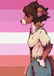  anthro blue_bottomwear blue_clothing blue_pants bottomwear brown_body brown_eyes brown_fur brown_hair canid clothed clothing ears_back female fur hair hand_in_pocket hi_res lesbian_pride_colors lgbt_pride lionfloof mammal mouth_closed narrowed_eyes pants pivoted_ears pockets pride_colors short_hair side_view solo standing topwear white_body white_clothing white_fur white_topwear 