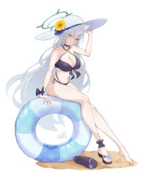  absurdres alternate_costume animal_ears bikini black_bikini blue_archive breasts choker cleavage flower full_body grey_hair grey_halo halo hand_on_headwear hat hat_flower highres iicecall innertube large_breasts long_hair looking_at_viewer multi-strapped_bikini_bottom o-ring o-ring_bikini ribbon sandals shiroko_(blue_archive) shiroko_terror_(blue_archive) single_sandal sitting sun_hat sunflower swim_ring swimsuit toes unworn_sandals white_background wolf_ears wrist_ribbon 