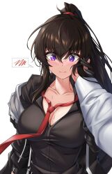  1other black_gloves black_jacket black_shirt blush breasts brown_hair cleavage closed_mouth collarbone collared_shirt commentary_request counter:side elze_(s01047480836) female furrowed_brow gloves grabbing_another&#039;s_hand hair_between_eyes hand_on_another&#039;s_cheek hand_on_another&#039;s_face high_ponytail highres jacket korean_commentary large_breasts light_smile long_hair long_sleeves looking_down loose_necktie necktie off_shoulder pov pov_hands purple_eyes red_necktie shirt sidelocks simple_background solo_focus speech_bubble spoken_blush sweat upper_body white_background white_shirt yoo_mina 