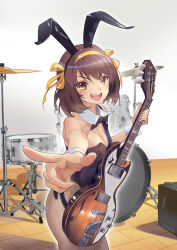  :d animal_ears black_bow black_bowtie black_hairband black_leotard bow bowtie breasts brown_eyes brown_hair brown_pantyhose cleavage commentary covered_nipples detached_collar drum drum_set fake_animal_ears female fishnet_pantyhose fishnets guitar hairband highres holding holding_guitar holding_instrument instrument leotard looking_at_viewer medium_breasts medium_hair official_alternate_costume open_mouth pantyhose playboy_bunny rabbit_ears ribbon smile solo suzumiya_haruhi suzumiya_haruhi_no_yuuutsu teeth tiaogeng tongue upper_teeth_only white_wrist_cuffs wrist_cuffs yellow_hairband yellow_ribbon 