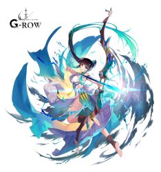  armpits arrow_(projectile) barefoot black_hair bow_(weapon) breasts dare_ga_tame_no_alchemist expressionless female full_body green_eyes green_hair highres holding holding_bow_(weapon) holding_weapon long_hair looking_at_viewer official_art open_mouth sideboob solo standing thighs to_maru weapon 