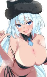  absurdres animal_ears bare_shoulders bikini black_bikini black_hat blue_eyes blush breasts cat_ears cat_girl cleavage detached_collar dobrynya_nikitich_(fate) dobrynya_nikitich_(swimsuit_lancer)_(fate) dobrynya_nikitich_(swimsuit_lancer)_(first_ascension)_(fate) fate/grand_order fate_(series) female fur-trimmed_headwear fur_trim hat highres large_breasts long_hair looking_at_viewer navel necktie okome_(pixiv108949149) open_mouth smile solo swimsuit tan tanlines white_hair 