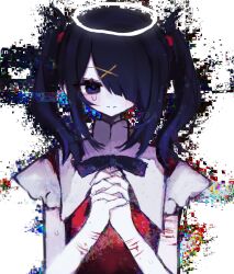  4_(nn_1_zo) ame-chan_(needy_girl_overdose) black_hair black_ribbon blue_eyes closed_mouth collared_shirt commentary_request cuts female hair_ornament hair_over_one_eye halo hands_up highres injury interlocked_fingers long_hair looking_at_viewer neck_ribbon needy_girl_overdose own_hands_together red_shirt ribbon self-harm self-harm_scar shirt smile solo twintails upper_body white_background wrist_cutting x_hair_ornament 