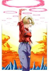  absurdres android android_18 arm_up black_bra blonde_hair blood blood_from_mouth blood_on_clothes blue_eyes border bra bruise bruise_on_arm bruise_on_face dragon_ball dragon_ball_z earrings english_commentary female floating_earring floating_hair floating_neckwear grey_pants hair_over_one_eye hand_in_pocket highres hoop_earrings incoming_attack injury jewelry kienzan looking_at_viewer looking_down necklace orange_clouds orange_sky pants pearl_necklace rock shirt short_hair side_part silver_earrings silverwoodwork sky smirk solo torn_clothes torn_shirt torn_sleeves underwear white_border 