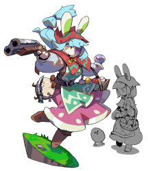  4_fingers accessory aiming aiming_weapon animal_humanoid anthro basket belt belt_buckle blue_hair boots bow_ribbon brown_clothing brown_fabric buckle clothed clothing container cracked_egg dagger decoration dirt double_barrel_shotgun dress duo egg egg_basket egg_bun_(niking) egg_creature eye_patch eyelashes eyewear fabric female fingers footwear grass green_clothing green_fabric green_inner_ear gun hair hair_accessory hairband hat headgear headwear hi_res holding_egg holding_gun holding_object holding_ranged_weapon holding_shotgun holding_weapon humanoid knife lagomorph lagomorph_humanoid leporid_humanoid long_sleeve_shirt long_sleeves mammal mammal_humanoid melee_weapon mouth_closed multiple_poses niking on_one_leg open_mouth pink_clothed pink_clothing pink_dress pink_fabric plant pose rabbit_humanoid ranged_weapon red_clothing red_fabric rock rope shaded shoes shotgun simple_background size_difference sleeves standing weapon white_background white_clothing white_fabic wide_eyed 