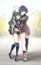  2girls =_= absurdres ahoge belle_(zenless_zone_zero) black_choker black_gloves black_thighhighs blue_hair blunt_bangs choker closed_eyes clothes_writing commentary_request crop_top full_body gloves green_hair grey_skirt hair_intakes highres hug knee_pads long_hair midriff miniskirt multiple_girls orange_gloves qingyi_(zenless_zone_zero) shadow shin_guards shirt shoes short_shorts shorts single_thighhigh sinonomemikann skirt sleeveless sleeveless_shirt sneakers standing stomach thighhighs thighs translation_request very_long_hair zenless_zone_zero 