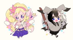  1boy black_hair black_pants blonde_hair blue_eyes braid breasts character_hat chibi chibi_only female full_body grey_hat grey_shirt hairband hat holding holding_staff holding_sword holding_weapon huge_breasts midriff mimikyu oerba_yun_fang pants personification pink_hairband pink_shirt pokemon primarina purple_skirt shirt skirt staff star_(symbol) star_in_eye sword symbol_in_eye weapon white_background wide_sleeves wooden_sword yuzu_ichika 