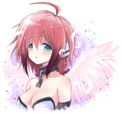  ahoge angel_wings bare_shoulders black_hair breasts broken broken_chain chains cleavage collar collarbone feathers female gradient_hair green_eyes hair_ribbon ikaros large_breasts light_blush looking_at_viewer metal_collar multicolored_hair nean parted_lips pink_hair red_ribbon ribbon robot_ears simple_background solo sora_no_otoshimono upper_body white_background white_wings wings 