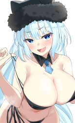  absurdres animal_ears bare_shoulders bikini black_bikini black_hat blue_eyes blush breasts cat_ears cat_girl cleavage detached_collar dobrynya_nikitich_(fate) dobrynya_nikitich_(swimsuit_lancer)_(fate) dobrynya_nikitich_(swimsuit_lancer)_(first_ascension)_(fate) fate/grand_order fate_(series) female fur-trimmed_headwear fur_trim hat highres large_breasts long_hair looking_at_viewer navel necktie okome_(pixiv108949149) open_mouth smile solo swimsuit white_hair 