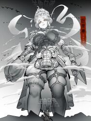  1boy absurdres armor artist_name axe bird black_myth:_wukong bo_staff breasts character_name chinese_armor cloud crown earrings feet_out_of_frame female from_below garter_straps genderswap_(mtf) giant giantess greyscale highres holding holding_axe holding_mace holding_weapon horned_crow horns jewelry journey_to_the_west juling_shen large_breasts looking_down mace monochrome mountainous_horizon multiple_horns orange_eyes rule_63 ruyi_jingu_bang shawl short_hair shoulder_armor single_thighhigh skin-covered_horns spot_color standing sun_wukong thighhighs tusks watermark weapon 