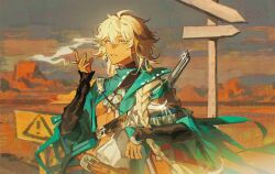  aqua_cape argus_(reverse:1999) blonde_hair breasts brown_sleeves cape cigarette cliff female grey_sky grin gun hair_over_shoulder hand_up heterochromia highres holding holding_cigarette holding_gun holding_weapon lasiven long_braid long_hair looking_at_viewer mountainous_horizon no_bra open_clothes open_shirt outdoors reverse:1999 rifle road_sign scar scar_across_eye shirt sign sky smile smoke smoking solo upper_body warning_sign weapon white_eyes white_shirt yellow_eyes 