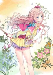  arched_crown atelier_(series) atelier_meruru bloomers blue_eyes blush bow cape commentary_request crown detached_sleeves dress female flower juliet_sleeves kishida_mel long_hair long_sleeves looking_at_viewer looking_back merurulince_rede_arls official_art open_mouth pink_hair puffy_sleeves red_bow red_crown short_dress skirt smile solo tilted_headwear underwear white_background white_bloomers yellow_skirt 