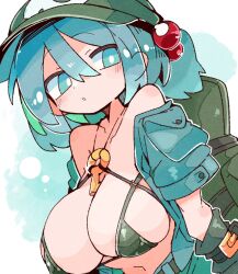  areola_slip backpack bag bikini black_bikini blue_background blue_eyes blush breasts cleavage female flat_cap green_hat hair_bobbles hair_ornament hat highres hug kawashiro_nitori looking_at_viewer massakasama navel open_mouth pocket short_sleeves solo swimsuit touhou two_side_up upper_body 