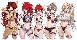  5girls ;d abs absurdres akechi_(akechi_5416) ange_katrina arm_behind_head arm_strap armpits belt belt_buckle bikini black_bik black_bikini black_eyes blue_eyes blush bra breasts brown_hair buckle choker cleavage cleavage_cutout closed_mouth clothing_cutout collarbone commentary_request cowboy_shot cropped_legs dola_(nijisanji) double_bikini dragon_girl dragon_horns facing_viewer flat_chest frilled_bikini frills front-tie_bikini_top front-tie_top furen_e_lustario grin groin hair_between_eyes hair_intakes hair_over_one_eye halterneck hand_on_own_hip hand_on_own_thigh head_tilt high_ponytail highres horns jewelry lain_paterson large_breasts light_brown_hair linea_alba long_bangs long_hair long_hair_between_eyes looking_at_viewer lower_teeth_only medium_breasts multi-strapped_bikini_bottom multiple_girls muscular muscular_female navel necklace nijisanji nui_sociere o-ring o-ring_choker o-ring_thigh_strap one_eye_closed open_mouth parted_lips ponytail red_bikini red_eyes red_hair red_horns sarong short_hair side-tie_bikini_bottom sideways_glance simple_background smile sports_bikini strap_lift sweat swimsuit teeth thigh_belt thigh_strap two-tone_bikini underwear upper_teeth_only v_over_eye very_long_hair virtual_youtuber white_background white_bra yellow_bikini yellow_eyes yellow_sarong 