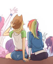  6+girls applejack_(equestria_girls) applejack_(mlp) ass belt blonde_hair blue_skin brown_hat colored_skin commentary cowboy_hat dcon_34 denim denim_skirt english_commentary fluttershy_(equestria_girls) fluttershy_(mlp) from_behind hat highres holding_hands long_hair multicolored_hair multiple_girls my_little_pony my_little_pony:_equestria_girls my_little_pony:_friendship_is_magic orange_skin personification pinkie_pie_(equestria_girls) pinkie_pie_(mlp) rainbow_dash_(equestria_girls) rainbow_dash_(mlp) rainbow_hair rarity_(equestria_girls) rarity_(my_little_pony) sci-twi short_sleeves simple_background skirt twilight_sparkle_(mlp) v white_background wristband yuri 