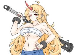  blonde_hair breasts cleavage closed_mouth cuffs female fingernails fumomono groin highres horns hoshiguma_yuugi large_breasts long_fingernails long_hair looking_at_viewer mace navel red_eyes red_nails shackles simple_background single_horn solo spiked_mace spikes touhou underboob upper_body weapon white_background 