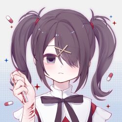  ame-chan_(needy_girl_overdose) black_hair black_ribbon bleeding blood closed_mouth collared_shirt commentary female hair_ornament hair_over_one_eye hashtag-only_commentary highres holding_razor kiro_uou long_hair looking_at_viewer neck_ribbon needy_girl_overdose pill razor red_shirt ribbon self-harm self-harm_scar shirt solo sparkle twintails upper_body wrist_cutting x_hair_ornament 