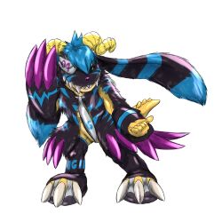  1_eye 2024 2_horns 3_claws 3_toes 5_fingers absurd_res animal_skin anthro arm_tuft bandage bandage_on_face bandaged_eye bandai_namco black_body black_ears black_face black_fur blue_ears claws clothing cosplay digimon digimon_(species) digital_drawing_(artwork) digital_media_(artwork) ear_tuft english_text eye_patch eye_scar eyewear facial_scar feet fingers footwear fur gabumon garabumon gesture green_eyes hair hand_gesture hatsune_miku head_tuft hi_res horn lego_tepi legwear long_claws male multicolored_body multicolored_fur multicolored_scales necktie number number_on_clothing pink_nose pose purple_claws scales scalie scar shaded simple_background smile solo spiked_tail spikes spikes_(anatomy) spiral_horn stockings striped_body striped_fur stripes tail teeth text text_on_clothing thumbs_up toes tuft two_tone_body two_tone_scales vocaloid white_background white_necktie yellow_body yellow_horn yellow_scales yellow_tail 