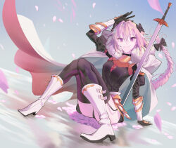  1boy arm_support arm_up astolfo_(fate) black_bow black_dress black_garter_straps black_thighhighs boots bow braid cape cherry_blossoms closed_mouth dress eyelashes falling_petals fate/apocrypha fate/grand_order fate_(series) full_body fur-trimmed_cape fur_trim garter_straps gauntlets gleam godekasu gorget hair_intakes hairbow highres long_hair male_focus multicolored_hair oerba_yun_fang on_floor otoko_no_ko petals pink_hair purple_eyes single_braid sitting skin_fang smile solo streaked_hair sword thighhighs two-sided_cape two-sided_fabric two-tone_hair weapon white_cape white_footwear white_hair 