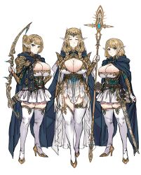  3girls absurdres aqua_eyes armor blonde_hair blue_cloak blush book bow_(weapon) braided_sidelock breasts bridal_gauntlets cleavage cloak closed_eyes closed_mouth commentary_request crown earrings elbow_gloves elf fantasy full_body gloves hair_ornament high_heels highres holding holding_book holding_bow_(weapon) holding_polearm holding_weapon jewelry large_breasts looking_at_viewer multiple_girls original pointy_ears polearm ponytail scabbard sheath sheathed simple_background skirt soystar standing sword thighhighs weapon white_background white_thighhighs 