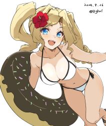  absurdres bigkwl bikini blonde_hair blue_eyes blush breasts doughnut_innertube female flower hair_flower hair_ornament highres honolulu_(kancolle) kantai_collection large_breasts long_hair looking_at_viewer navel open_mouth red_flower side-tie_bikini_bottom simple_background smile solo swimsuit twintails white_background white_bikini 