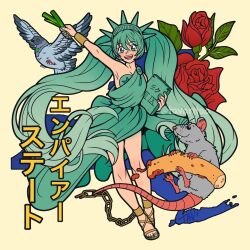  ancient_greek_clothes aqua_eyes aqua_hair aqua_nails armpits bare_legs breasts chains cleavage female gradient_hair greco-roman_clothes hatsune_miku highres long_hair looking_at_viewer mouse_(animal) multicolored_hair open_mouth pizza_crust sandals single_bare_shoulder smile solo statue_of_liberty tavaritaa twintails very_long_hair vocaloid 