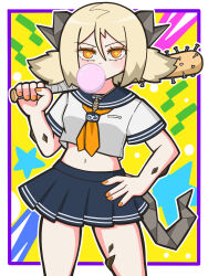  +_+ arknights baseball_bat black_outline black_sailor_collar black_skirt blonde_hair blowing_bubbles blush border chewing_gum commentary_request covered_mouth cowboy_shot crop_top cropped_shirt delinquent female fingernails grey_tail hair_between_eyes hand_on_own_hip highres holding holding_baseball_bat holding_weapon ifrit_(arknights) looking_at_viewer material_growth midriff miniskirt multicolored_background nail_polish navel neckerchief orange_eyes orange_nails orange_neckerchief oripathy_lesion_(arknights) outline outside_border over_shoulder pleated_skirt rhine_lab_logo sailor_collar sanguisrubigo school_uniform shirt short_hair short_sleeves skirt solo spiked_bat spikes standing star_(symbol) tail weapon weapon_over_shoulder white_border white_outline white_shirt 