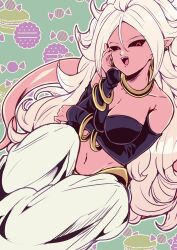  absurdres android android_21 arm_under_breasts black_sclera black_sleeves black_tube_top bracelet breasts candy_print cleavage colored_sclera colored_skin commentary_request detached_sleeves dragon_ball dragon_ball_fighterz earrings female food gold_bracelet gold_choker gold_earrings hand_on_own_cheek hand_on_own_face highres hoop_earrings jewelry large_breasts long_hair macaron majin_android_21 multiple_bracelets navel open_mouth otyumamii pants pink_skin pink_tail pointy_ears red_eyes smile solo strapless tube_top white_hair white_pants 