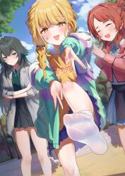  3girls :d absurdres blonde_hair blush braid commentary crane666 day double_v dutch_angle feet feet_out_of_frame fujita_kotone gakuen_idolmaster green_eyes green_hair gyaru_v hanami_saki highres idolmaster looking_at_viewer multiple_girls no_shoes outdoors red_hair smile socks sweat tsukimura_temari v white_socks yellow_eyes 