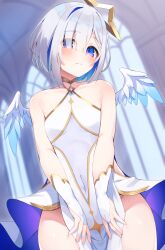  amane_kanata bare_shoulders blue_dress blue_hair blurry blurry_background blush breasts covered_navel dress female fragir gradient_wings grey_hair hair_between_eyes halo highres hololive looking_at_viewer multicolored_hair multicolored_wings small_breasts smile solo star_halo streaked_hair two-tone_dress virtual_youtuber white_dress wings 