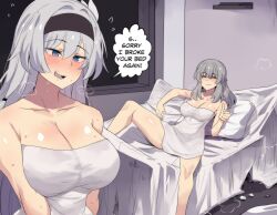  2girls :d ^_^ absurdres bare_arms bare_legs bare_shoulders bed black_hairband blush breasts cleavage closed_eyes collarbone commentary dress firefly_(honkai:_star_rail) grey_hair hairband highres hinghoi honkai:_star_rail honkai_(series) indoors large_breasts long_hair lying multiple_girls on_back open_mouth pillow purple_eyes short_dress smile speech_bubble stelle_(honkai:_star_rail) strapless strapless_dress thighs thumbs_up trailblazer_(honkai:_star_rail) very_long_hair white_dress yuri 