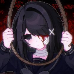  ame-chan_(needy_girl_overdose) ame-chan_(school_uniform)_(needy_girl_overdose) bandaged_neck bandages black_eyes black_hair black_shirt blood blood_on_face closed_mouth commentary crying crying_with_eyes_open female gauze gauze_on_cheek hair_down hair_ornament hair_over_one_eye hands_up highres holding holding_rope long_hair long_sleeves looking_at_viewer needy_girl_overdose noose official_alternate_costume penciloao rope sailor_collar shirt solo symbol-only_commentary tears upper_body x_hair_ornament 