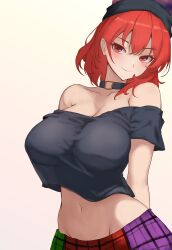  absurdres bare_shoulders black_shirt breasts choker cleavage collarbone female hecatia_lapislazuli highres large_breasts moriforest1040 multicolored_clothes multicolored_skirt navel plaid_clothes plaid_skirt red_eyes red_hair shirt short_hair skirt smile solo touhou underworld_(ornament) 