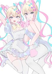  2girls :d absurdres animal_ears animal_hands apron blonde_hair blue_bow blue_dress blue_eyes blue_hair blue_leotard bow bowtie breasts cat_ears cat_tail chouzetsusaikawa_tenshi-chan cleavage daten_route detached_collar dress dual_persona garter_straps gloves hairbow highres leotard long_hair maid_apron medium_breasts multicolored_hair multiple_girls multiple_hair_bows needy_girl_overdose official_alternate_costume pantyhose paw_gloves pink_bow pink_gloves pink_hair purple_bow quad_tails sideboob smile sweatdrop tail thighhighs very_long_hair waimoniku white_apron white_pantyhose white_thighhighs wrist_cuffs yellow_bow yellow_bowtie 