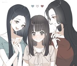  3girls @_@ absurdres black_hair blue_shirt brown_eyes brown_hair brown_shirt closed_mouth commentary_request crop_top fingernails gavienc girl_sandwich grey_eyes hand_in_another&#039;s_hair heart highres holding_hands japan-korea_yuri_(meme) long_fingernails long_hair looking_at_another meme multiple_girls nervous_sweating open_mouth original red_eyes red_nails red_skirt sandwiched shirt short_sleeves simple_background skirt smile sweat twitter_username upper_body white_background yuri 