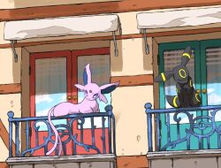  2024 ambiguous_gender balcony closed_eyes day digital_media_(artwork) door doorknob duo eeveelution espeon feral forehead_gem fur gem generation_2_pokemon hi_res licking markings nintendo outside pokemon pokemon_(species) shadow sitting tail tongue tongue_out umbreon wall_(structure) yuuji7604 