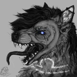  ambiguous_gender anthro canid canine demon ear_piercing fox fur hair hi_res hybrid long_tongue mammal mortalskull open_mouth piercing solo tongue tongue_out whiskers wide_eyed wrinkled_nose 