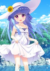  :d bare_arms bare_shoulders blue_hair blue_sky blunt_bangs blush cloud collarbone commentary day dress female flower furude_rika gaou_(babel) hat hat_flower heart heart_in_eye higurashi_no_naku_koro_ni long_hair looking_at_viewer outdoors purple_eyes skirt_hold sky sleeveless sleeveless_dress smile solo sunflower symbol_in_eye tree very_long_hair water water_drop white_dress white_hat yellow_flower 