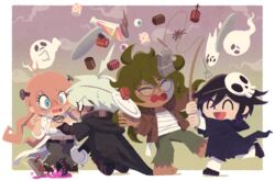  3boys ^_^ ahoge armor bandages barefoot belt belt_buckle black_hair blue_eyes blush border brown_jacket buckle candy chibi cloak closed_eyes commentary_request controller danganronpa_(series) danganronpa_v3:_killing_harmony eyeball facepaint facial_mark female fishing_rod food full_body ghost glasses gokuhara_gonta gradient_sky green_hair hakusoto halloween iruma_miu jacket jewelry k1-b0 lab_coat lightning_ahoge long_hair mask multiple_boys necklace object_through_head oma_kokichi open_mouth outdoors pants pink_hair plate power_armor purple_hair round_eyewear screw_in_head shirt short_hair silk skull skull_mask sky smile spider_web unhappy white_hair white_pants white_shirt 