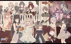  2boys 6+girls :d :o absurdres alcohol animal_ears antenna_hair ballroom bare_shoulders bird black_dress black_gloves black_hair blue_dress blue_eyes blue_hair bouquet braid braided_ponytail breasts bronya_zaychik brown_hair chair chibi chicken china_dress chinese_clothes cleavage closed_eyes closed_mouth collared_dress copyright_name cup dress drill_hair drinking_glass earrings elbow_gloves flower fox_ears fu_hua fuxi_(honkai_impact) gloves grey_eyes grey_hair grey_jacket hair_between_eyes hair_flower hair_ornament hair_over_one_eye highres holding holding_hands holding_teapot homei_(honkai_impact) homu_(honkai_impact) honkai_(series) honkai_impact_3rd horns jacket jewelry jingwei&#039;s_wings kallen_kaslana kiana_kaslana kiana_kaslana_(divine_prayer) lieserl_albert_einstein liliya_olenyeva logo long_hair looking_at_another looking_at_viewer looking_to_the_side low-tied_long_hair low_ponytail mogomaco mole mole_on_breast mole_under_eye multiple_boys multiple_girls murata_himeko nuwa_(honkai_impact) off_shoulder official_alternate_costume official_art open_clothes open_jacket open_mouth otto_apocalypse pink_hair ponytail purple_dress purple_eyes purple_hair raiden_mei rita_rossweisse rozaliya_olenyeva second-party_source seele_vollerei short_hair single_earring single_horn sitting sleeveless sleeveless_dress smile table tail tassel tassel_earrings tea teacup teapot theresa_apocalypse thighhighs welt_yang white_background white_dress white_gloves white_legwear wine wine_glass yae_sakura yellow_dress yellow_eyes 