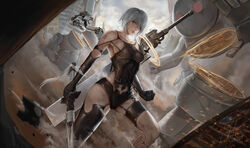  a2_(nier:automata) absurdres android arm_strap armlet bare_shoulders black_gloves black_thighhighs breasts closed_mouth commentary dated detached_sleeves elbow_gloves english_commentary female gloves grey_eyes hair_between_eyes highres holding holding_sword holding_weapon joints katana looking_at_viewer machine_(nier) medium_breasts meister_staze micro_shorts mole mole_under_mouth nier:automata nier_(series) pod_(nier:automata) robot_joints short_hair shorts signature solo sword thighhighs type-4o_blade virtuous_contract weapon white_hair 