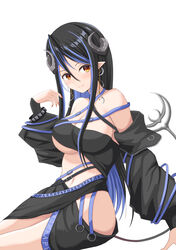  absurdres bandeau belt black_bandeau black_belt black_hair black_jacket black_skirt blue_belt blue_hair blush breasts brown_eyes chest_belt cleavage closed_mouth commentary_request cowboy_shot curled_horns demon_girl demon_horns demon_tail female grey_horns hair_between_eyes hebiyoi_tier hebiyoi_tier_(1st_costume) highres hip_vent horns jacket large_breasts long_hair long_sleeves looking_at_viewer multicolored_hair nanashi_inc. natsuki_aya navel off_shoulder open_clothes open_jacket pointy_ears red_nails sidelocks simple_background skirt smile snake_bite solo sugar_lyric tail two-tone_hair underboob virtual_youtuber white_background 