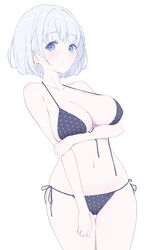  absurdres bikini black_bikini blue_eyes blush breast_lift breasts earrings female hand_on_own_arm highres jewelry large_breasts navel original pale_skin short_hair side-tie_bikini_bottom simple_background solo standing stud_earrings swimsuit vivid507 white_background white_hair 