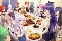  6+girls :o absurdres ai-chan_(honkai_impact) alcohol alternate_costume antenna_hair artist_request back bad_link bare_shoulders beer beer_mug black_coat black_hair black_jacket blue_eyes blue_hair braid breasts bronya_zaychik brown_hair cake cleavage clock closed_eyes closed_mouth coat collared_shirt crossed_arms cup double_bun dress drill_hair drinking_glass feeding food food_in_mouth fork frederica_nikola_tesla fu_hua glasses green_hair grey_hair hair_between_eyes hair_bun hands_on_own_cheeks hands_on_own_face highres holding honkai_(series) honkai_impact_3rd horns indoors jacket kiana_kaslana lieserl_albert_einstein liliya_olenyeva long_hair long_sleeves looking_at_food looking_at_viewer looking_to_the_side low-tied_long_hair low_ponytail macaron maid maid_headdress mug multiple_girls murata_himeko necktie night night_sky open_clothes open_jacket pink_hair pizza plate ponytail purple_hair raiden_mei red_eyes red_hair rita_rossweisse rozaliya_olenyeva seele_vollerei shirt short_sleeves siblings single_horn sitting sky sleeves_rolled_up smile spoon star_(sky) table theresa_apocalypse tongue tongue_out twin_braids twin_drills twins v white_dress white_hair white_shirt window wine wine_glass yellow_eyes 