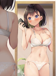  ass bare_arms bare_shoulders blush bra breasts brown_hair cellphone cleavage closed_mouth collarbone colored_inner_hair commentary_request cowboy_shot female hand_on_own_chest hands_up highres holding indoors lingerie mirror mori_airi multicolored_hair navel original panties phone short_hair side-tie_panties smartphone smile sweatdrop underwear underwear_only white_bra white_panties 