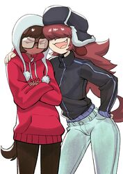  2020 absurd_res anthro canid canine canis clothing colo crossed_arms cute_fangs domestic_dog duo eyewear female glasses hair hair_over_eyes hand_on_shoulder hat headgear headwear hi_res hoodie jacket mammal sam_kensington simple_background tomboy topwear white_background yoon_soo-mi 